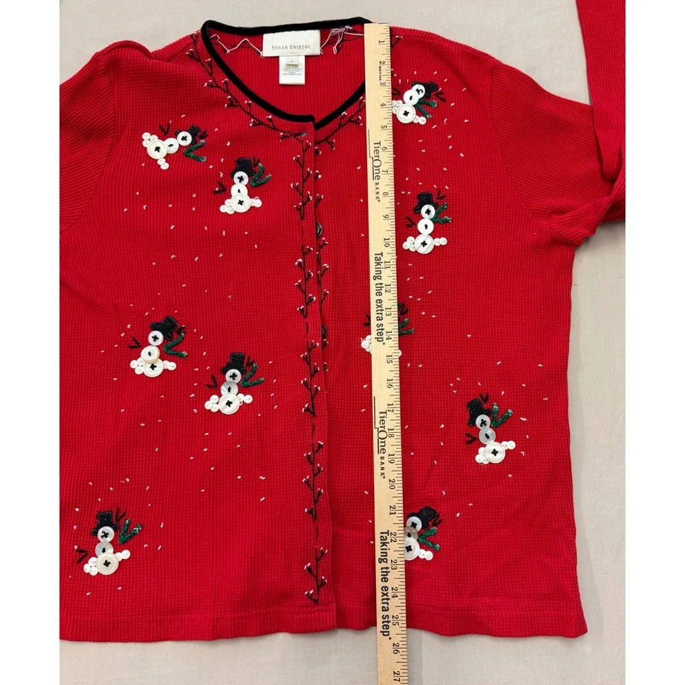 Vintage Susan Bristol Red Waffle Snowman Cardigan Sweater Women's Large Holiday